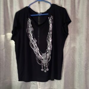 Elegant Black Top with Intricate Silver Chain printed Design